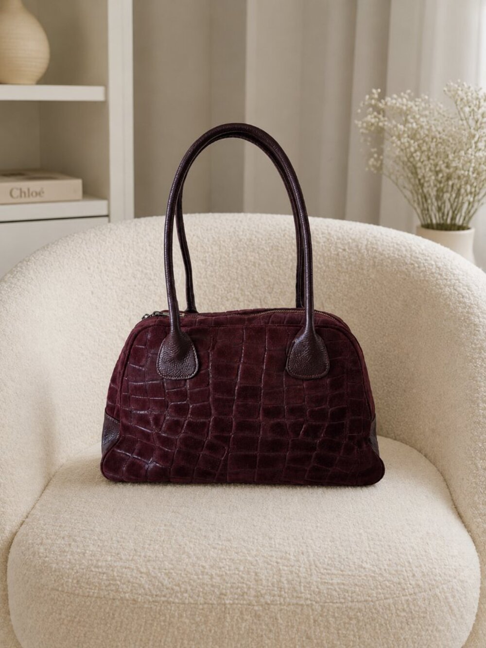 Burgundy Italian Leather & Croc-Embossed Suede Shoulder Bag – Large Dome Handbag - Picture 5 of 15